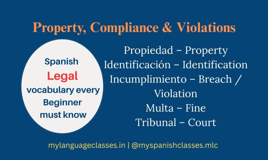 This image from the Spanish Vocabulary Series by My Language Classes teaches crucial vocabulary related to property, compliance, and violations. It features Propiedad (Property), Identificación (Identification), Incumplimiento (Breach/Violation), Multa (Fine), Tribunal (Court) with English meanings for beginner-level Spanish learners.