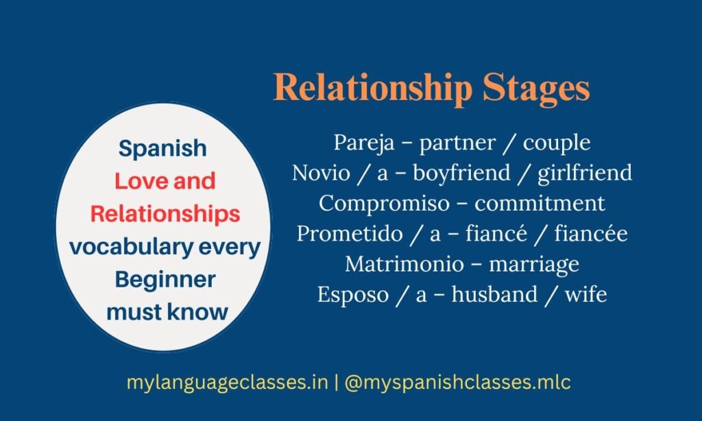 This graphic from My Language Classes presents important Spanish Relationship Stages vocabulary in a bilingual format. It includes Pareja (partner), Novio/a (boyfriend/girlfriend), Compromiso (commitment), Prometido/a (fiancé/fiancée), Matrimonio (marriage) and Esposo/a (husband/wife). Ideal for beginners learning Spanish Love and Relationships terms.