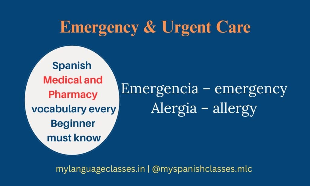 This graphic from the Spanish Vocabulary Series by My Language Classes features must-know Spanish emergency vocabulary. It includes Emergencia (emergency) and Alergia (allergy), essential for urgent medical communication. Designed for beginner learners needing fast, reliable Spanish phrases.