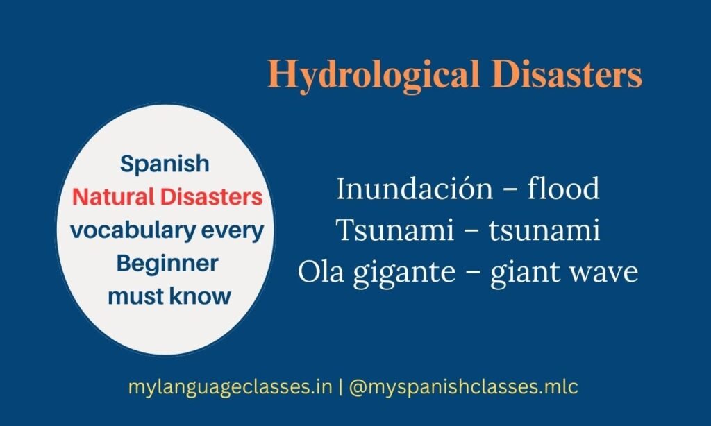 This Hydrological Disasters vocabulary image from the Spanish Vocabulary Series by My Language Classes includes three beginner-friendly terms: inundación meaning flood, tsunami meaning tsunami, and ola gigante meaning giant wave. Ideal for A1 learners studying Spanish natural disaster terms with clear visuals and easy English meanings.