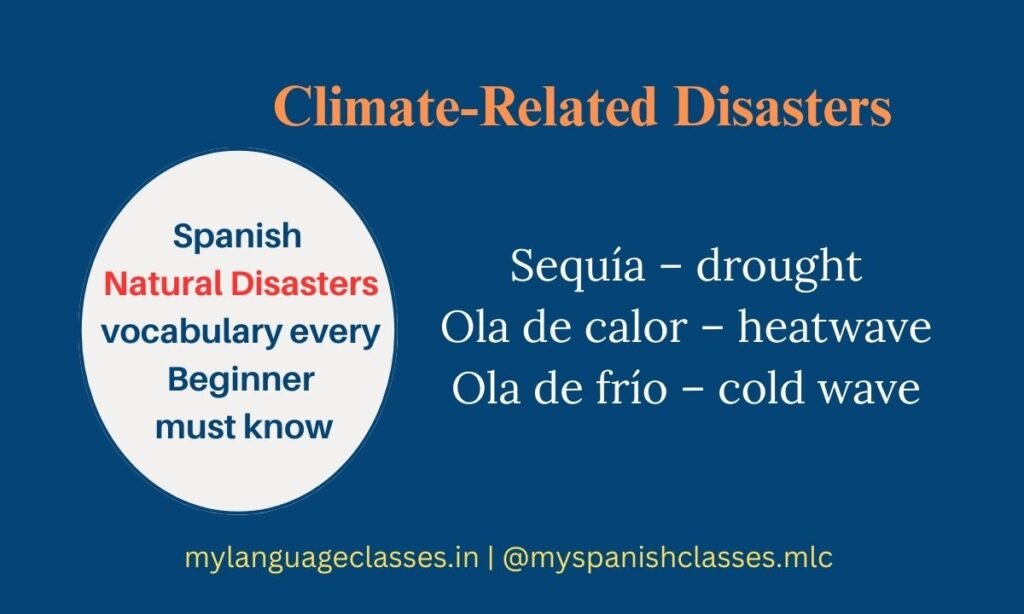 This Climate-Related Disasters visual from the Spanish Vocabulary Series by My Language Classes teaches three important terms: sequía meaning drought, ola de calor meaning heatwave, and ola de frío meaning cold wave. Designed to help beginners understand Spanish climate and environmental vocabulary easily.