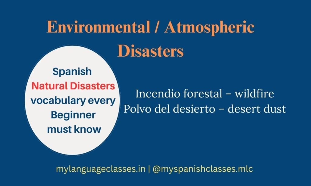 This image from the Spanish Vocabulary Series by My Language Classes introduces beginners to two essential Environmental and Atmospheric Disaster terms: incendio forestal meaning wildfire and polvo del desierto meaning desert dust. Ideal for learners building disaster and environment vocabulary with clear Spanish-English explanations.