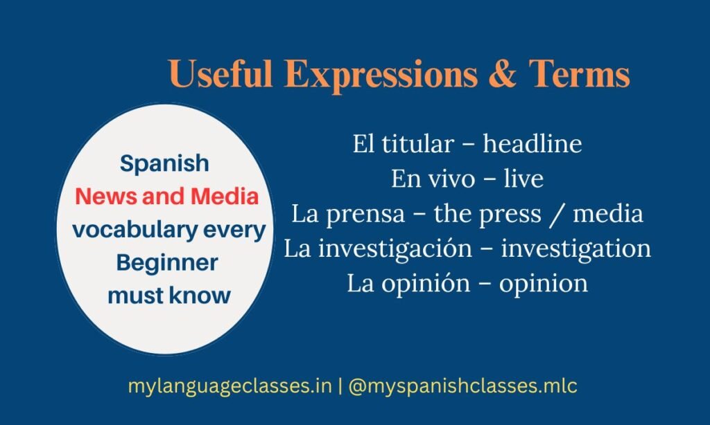 This vocabulary infographic created by My Language Classes presents common Spanish expressions and media terms.
It includes El titular (headline), En vivo (live), La prensa (the press), La investigación (investigation) and La opinión (opinion).
Perfect for learners who want to follow Spanish newspapers, social media posts, and TV news.
