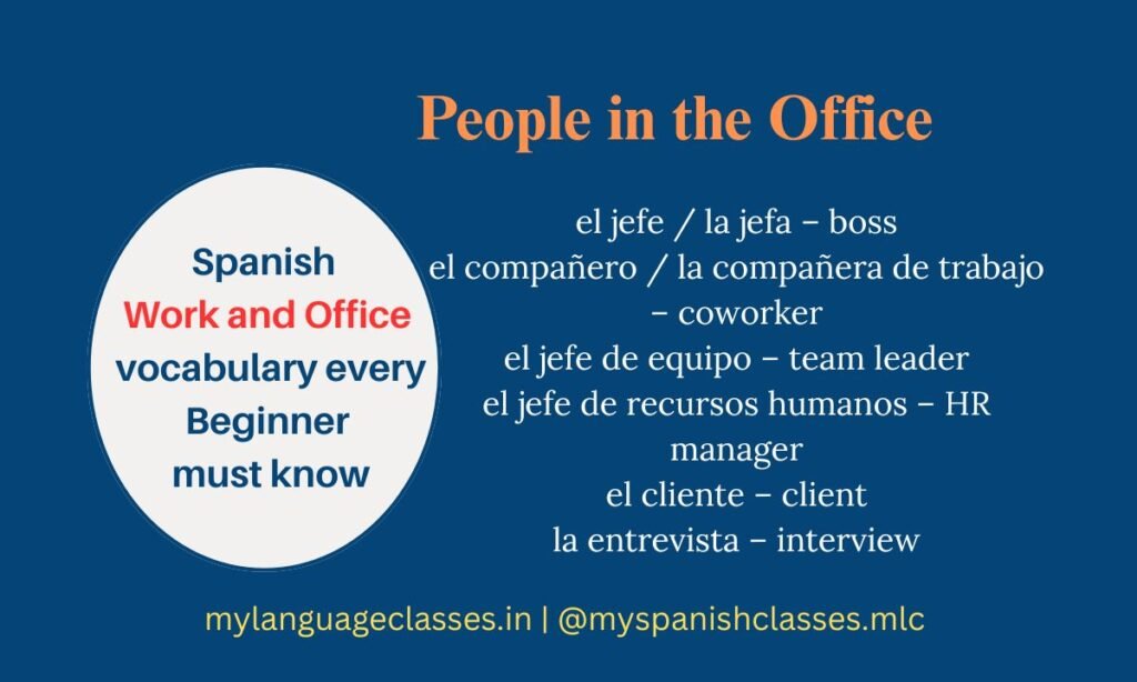 Spanish Work and Office vocabulary for beginners by My Language Classes showing people in the office words like el jefe, la jefa, compañero de trabajo, cliente and entrevista with English meanings.