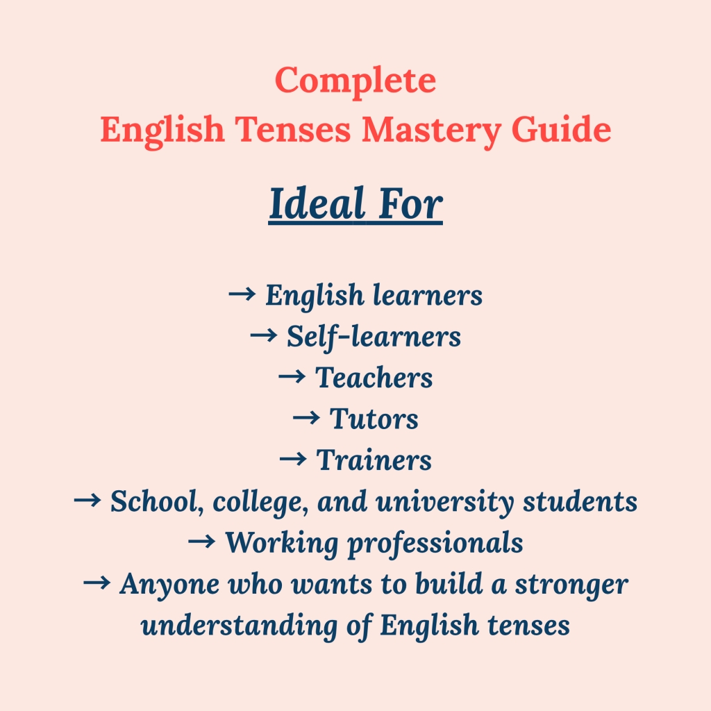 Ideal readers infographic for the Complete English Tenses Mastery Guide by My Language Classes, showing that the book is suitable for English learners, self-learners, teachers, tutors, trainers, students, and working professionals.
