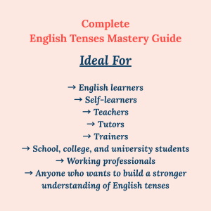 Ideal readers infographic for the Complete English Tenses Mastery Guide by My Language Classes, showing that the book is suitable for English learners, self-learners, teachers, tutors, trainers, students, and working professionals.