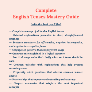 Infographic highlighting the key features of the Complete English Tenses Mastery Guide by My Language Classes, including complete tense coverage, grammar rules, sentence structures, conjugation patterns, practical tips, FAQs, and chapter summaries.