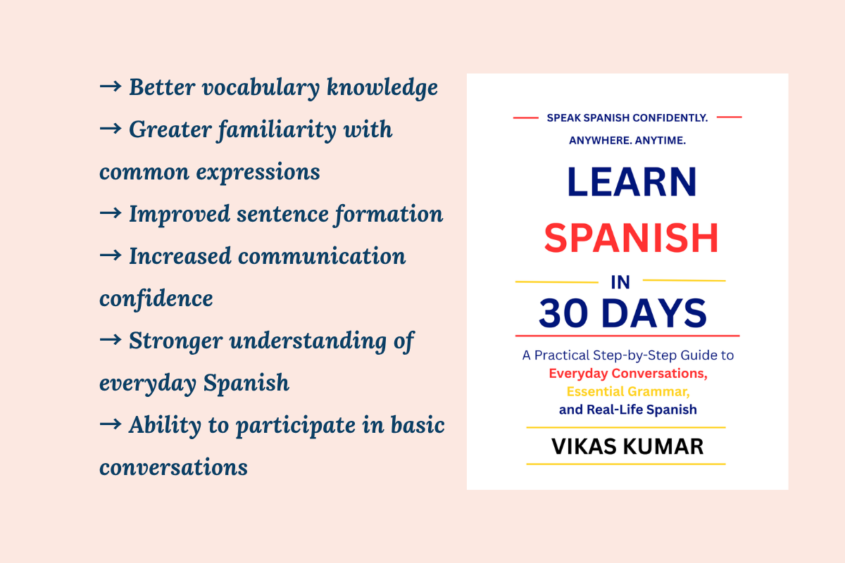 Learn Spanish in 30 Days by My Language Classes presenting a practical daily Spanish learning system for adult beginners with structured lessons, real-life Spanish examples, conversation practice, vocabulary building, daily expressions, and communication-focused learning created by Vikas Kumar.