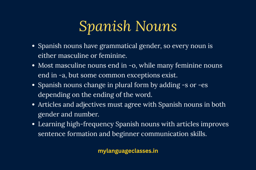 100 Essential Spanish Nouns for Beginners grammar guide by My Language Classes featuring common Spanish nouns with English meanings, gender rules, and beginner vocabulary for DELE A1 learners