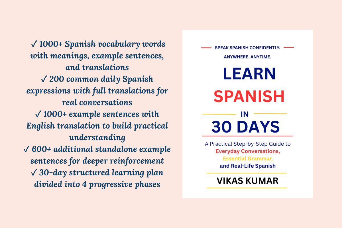 Learn Spanish in 30 Days by My Language Classes featuring a structured 30-day Spanish learning system with 1000+ vocabulary words, 200 daily expressions, 1000+ example sentences, grammar lessons, translations, and practical conversation practice for beginners