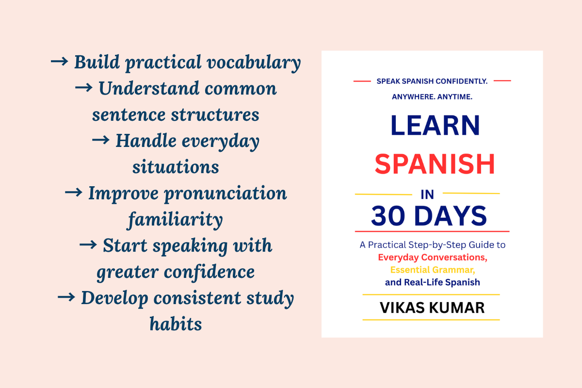 Learn Spanish in 30 Days by My Language Classes featuring a structured 30-day Spanish learning plan for beginners with practical vocabulary, sentence structures, pronunciation practice, confidence-building lessons, and real-life communication training