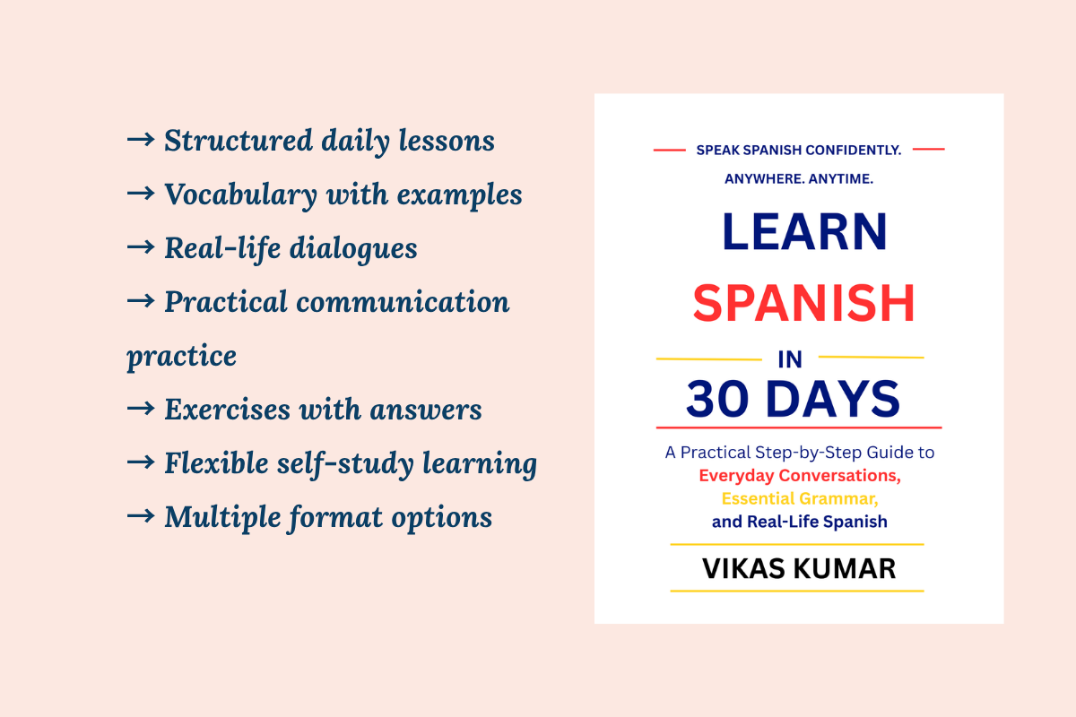 Learn Spanish in 30 Days by My Language Classes for busy professionals and students featuring a structured 30-day Spanish learning system with daily lessons, vocabulary, conversations, exercises, and flexible self-study learning
