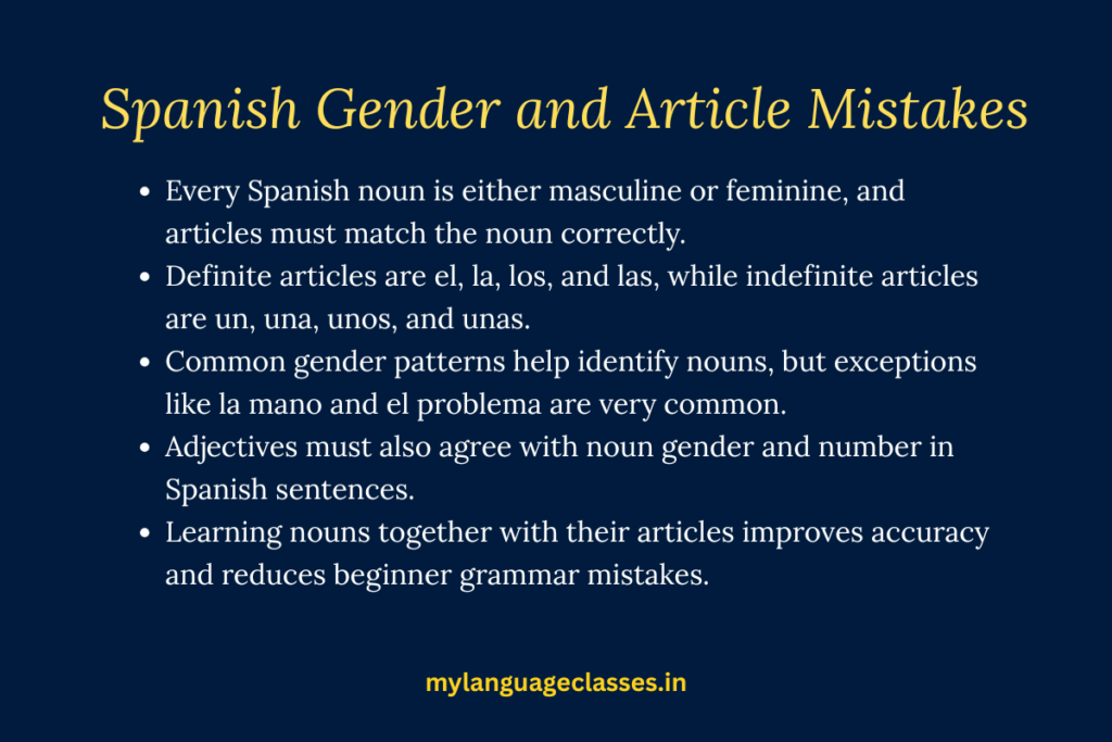 Common mistakes of gender and articles with Spanish nouns explained in a beginner Spanish grammar guide by My Language Classes for DELE A1 learners