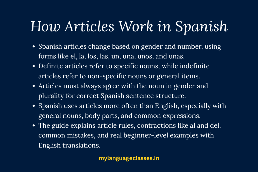 How Articles Work in Spanish beginner grammar guide by My Language Classes covering definite and indefinite articles for DELE A1 learners