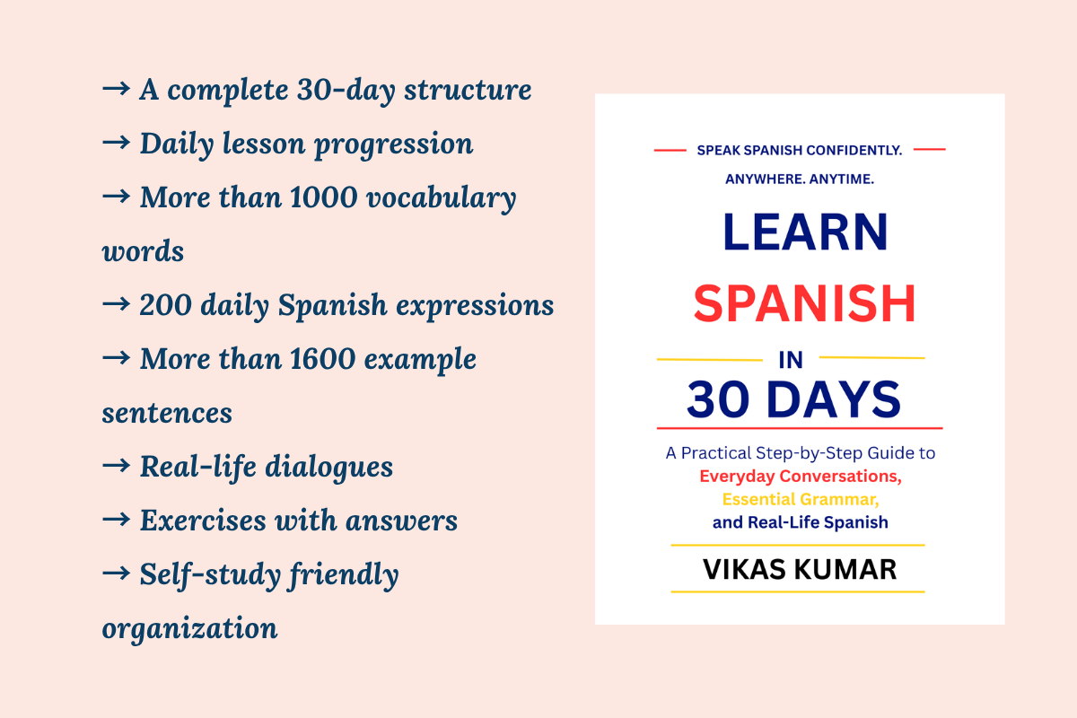 30-Day Spanish Beginner Course Schedule by My Language Classes featuring a structured self-study roadmap with daily Spanish lessons, vocabulary building, conversations, example sentences, exercises, and progressive learning over four weeks