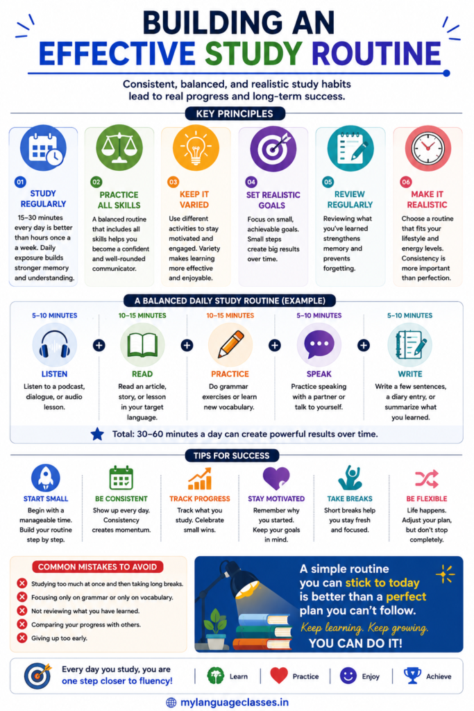 How Language Learning Really Works infographic by My Language Classes explaining how to build an effective language learning study routine through consistent daily practice, balanced skill development, realistic goals, regular review, and sustainable learning habits that support long-term fluency.