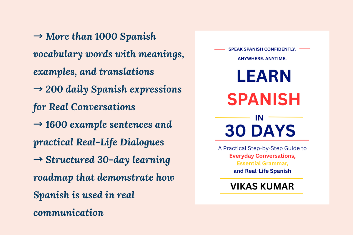 Learn Spanish in 30 Days Before Your Next Trip to a Spanish-Speaking Country featured image by My Language Classes showcasing the Learn Spanish in 30 Days book by My Language Classes by Vikas Kumar. The image represents practical Spanish learning for travelers preparing to visit Spain, Mexico, and other Spanish-speaking countries. It highlights communication skills for airports, hotels, restaurants, transportation, shopping, directions, and everyday travel situations through a structured 30-day learning system designed for beginners and adult learners.