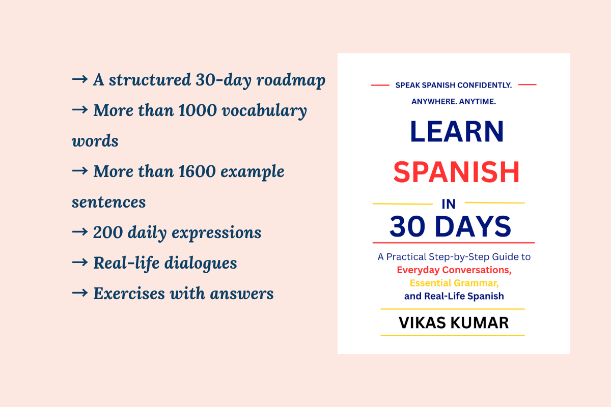 Learn Spanish in 30 Days Book Review by My Language Classes showcasing the complete beginner Spanish learning system with vocabulary, conversations, example sentences, exercises, translations, and a structured 30-day study roadmap