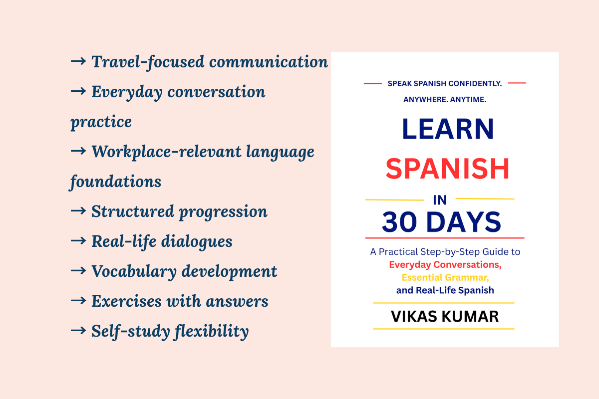 Learn Spanish in 30 Days Book by My Language Classes designed for travel, work, and daily conversations featuring structured lessons, practical vocabulary, real-life dialogues, daily expressions, example sentences, and communication-focused learning