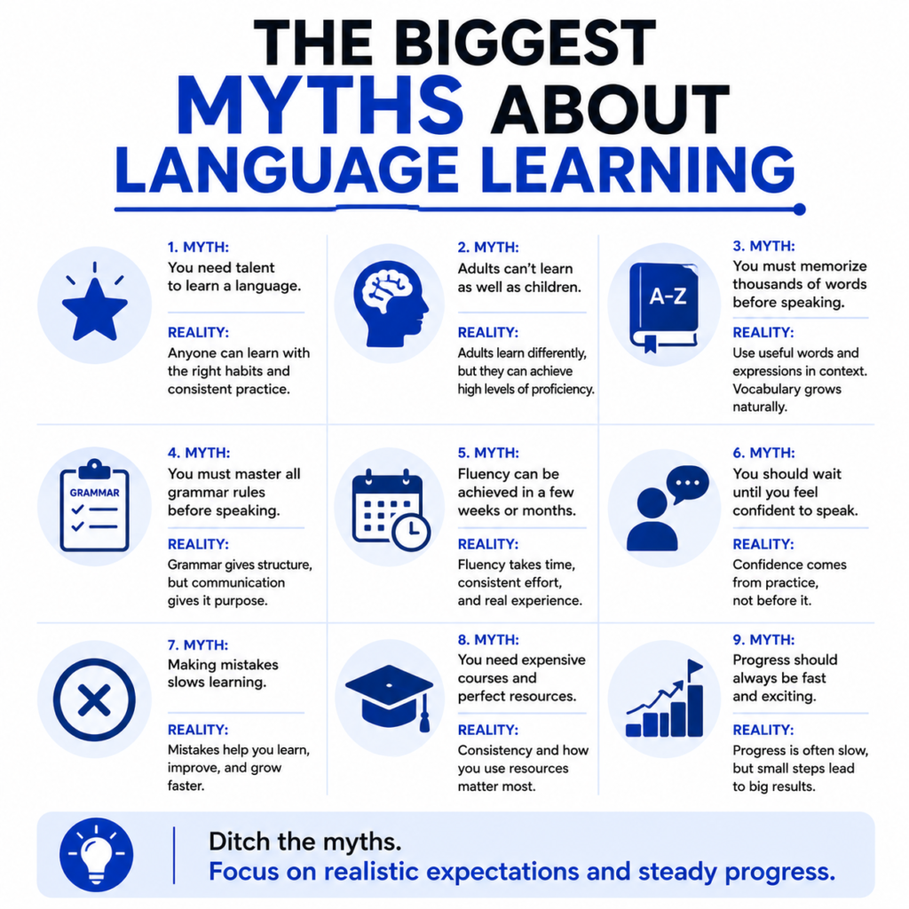 How Language Learning Really Works infographic by My Language Classes explaining the biggest myths about language learning, including talent, age, grammar, vocabulary, fluency, confidence, mistakes, and why realistic expectations and consistent practice lead to long-term success.