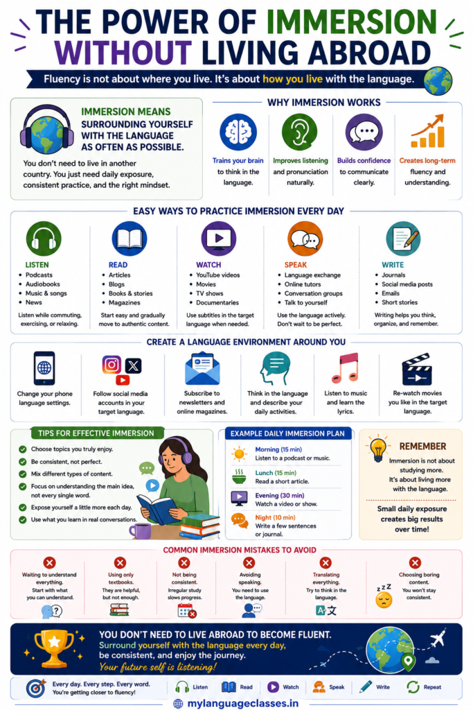 How Language Learning Really Works infographic by My Language Classes explaining the power of language immersion without living abroad, including practical ways to create daily language exposure through reading, listening, speaking, writing, authentic content, and consistent practice for long-term fluency.