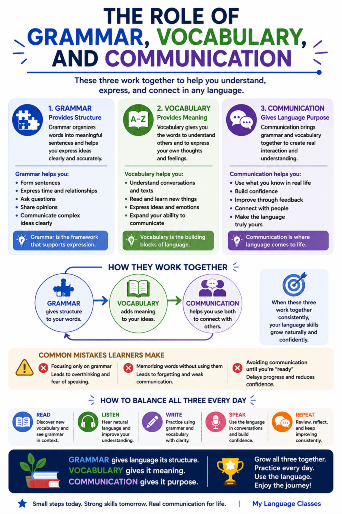 How Language Learning Really Works infographic by My Language Classes explaining the role of grammar, vocabulary, and communication in language learning, showing how these three core elements work together to develop comprehension, accuracy, confidence, and real-world fluency through balanced practice.