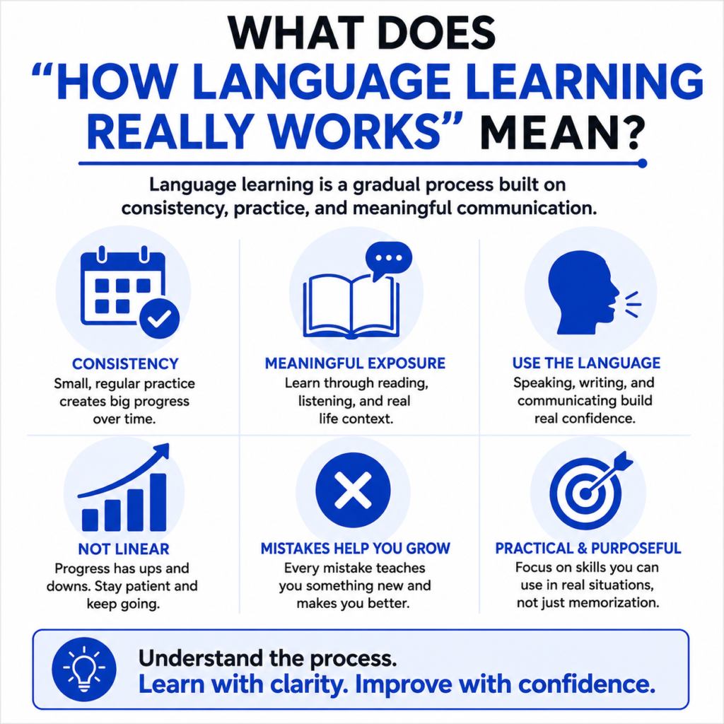 How Language Learning Really Works infographic by My Language Classes explaining the core principles of successful language learning, including consistency, meaningful exposure, practical communication, learning from mistakes, and understanding that language learning is a gradual process.