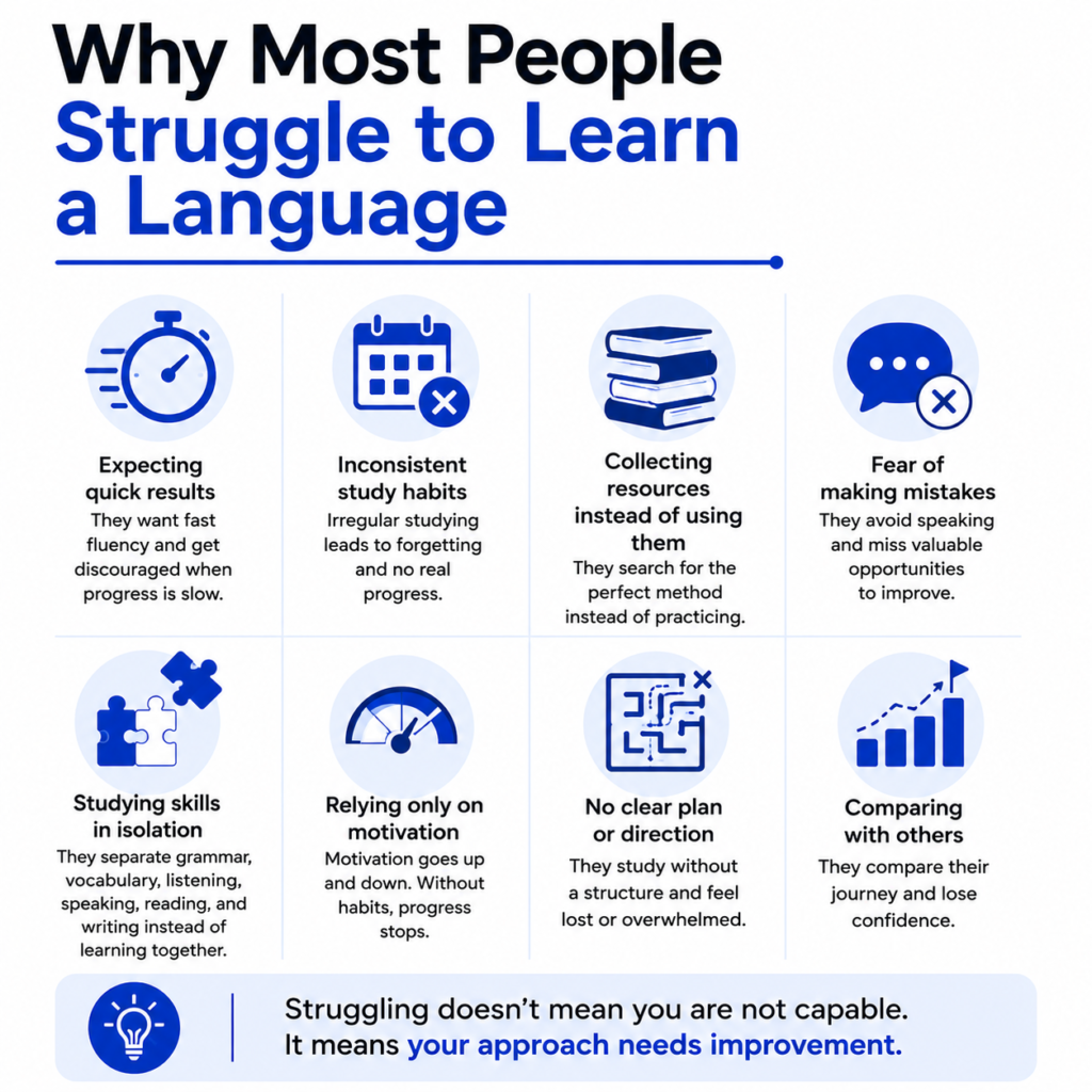 How Language Learning Really Works infographic by My Language Classes explaining why most people struggle to learn a language, including unrealistic expectations, inconsistent study habits, fear of making mistakes, poor learning strategies, and the importance of improving the learning approach instead of blaming ability.