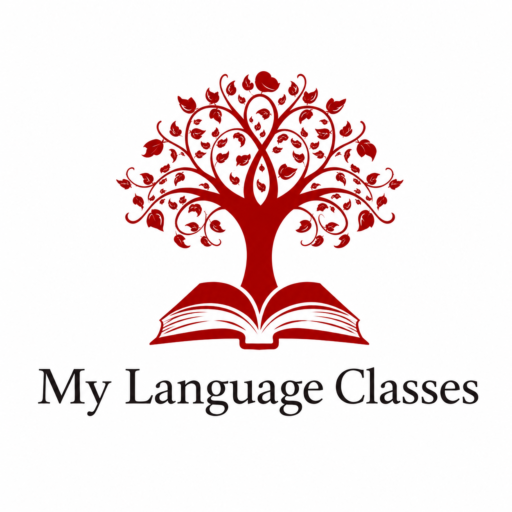 My Language Classes logo featuring a red tree growing from an open book, representing language learning, education, knowledge, and lifelong learning.