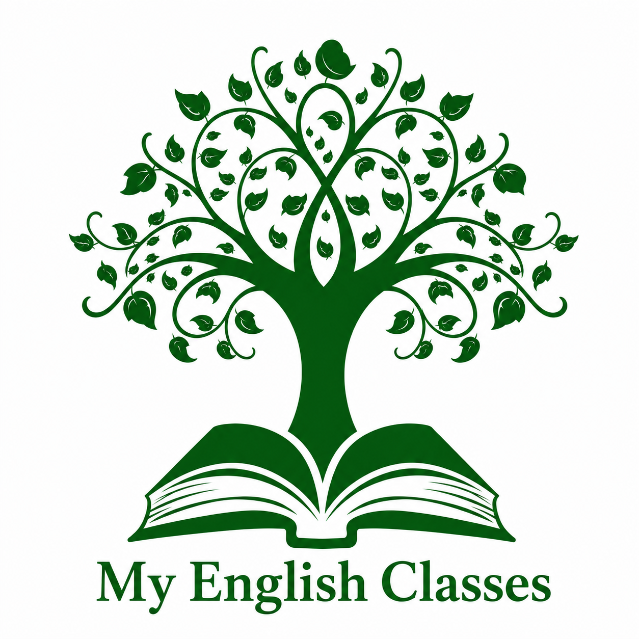 My English Classes logo featuring a tree growing from an open book in green, representing the English language learning division of My Language Classes. The division helps learners improve English grammar, communication skills, vocabulary, writing, and practical language proficiency through comprehensive educational resources and structured learning.