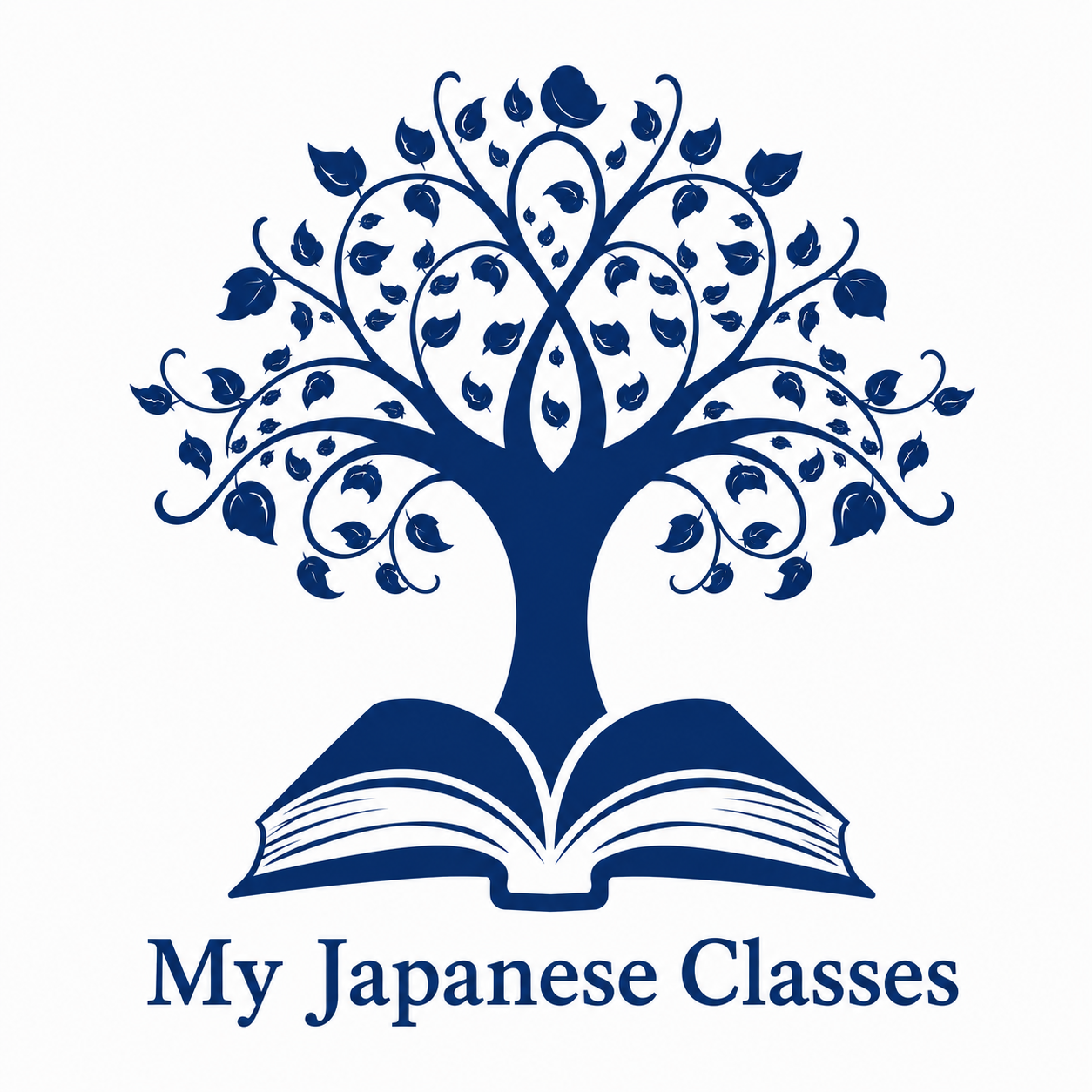My Japanese Classes logo featuring a tree growing from an open book in blue, representing the Japanese language learning division of My Language Classes. The division offers practical Japanese learning, JLPT-focused grammar guides, educational books, vocabulary resources, and structured learning materials for learners at every level.