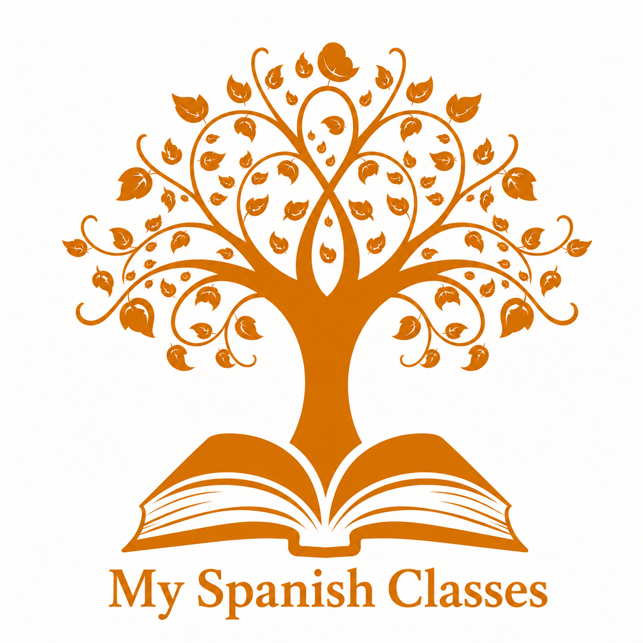 My Spanish Classes logo featuring a tree growing from an open book in orange, representing the Spanish language learning division of My Language Classes. The division provides practical Spanish learning, comprehensive grammar guides, DELE preparation, educational books, and structured resources for learners worldwide.