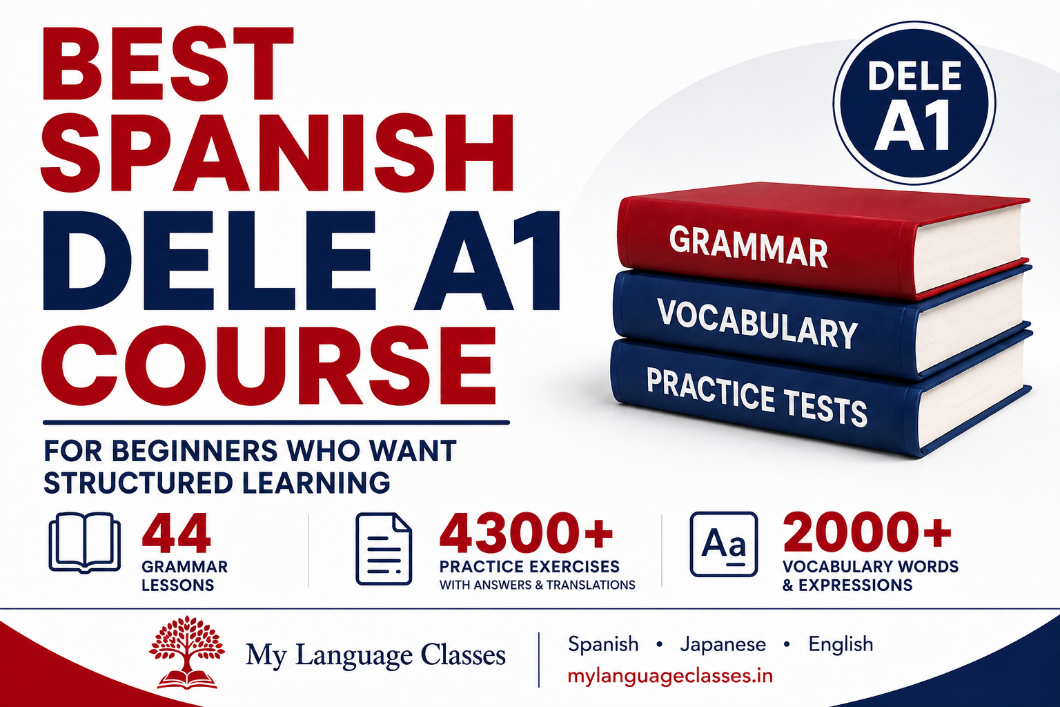 Best Spanish DELE A1 course for beginners by My Language Classes featuring 44 structured grammar lessons, more than 4,300 practice exercises, and over 2,000 Spanish vocabulary words for structured learning