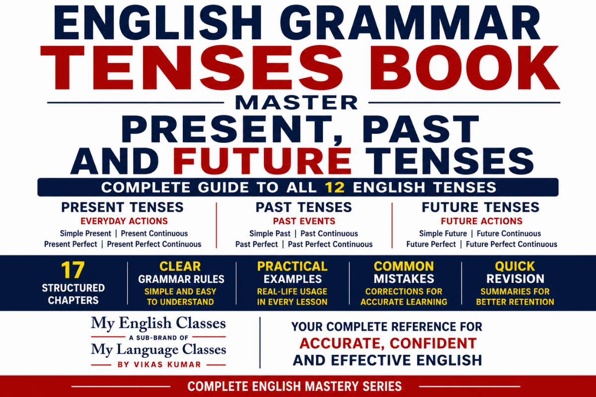 English grammar tenses book by My English Classes from My Language Classes covering present, past, and future tenses through 17 structured chapters with clear grammar rules, practical examples, real-life usage, common mistakes, corrections, and quick revision summaries