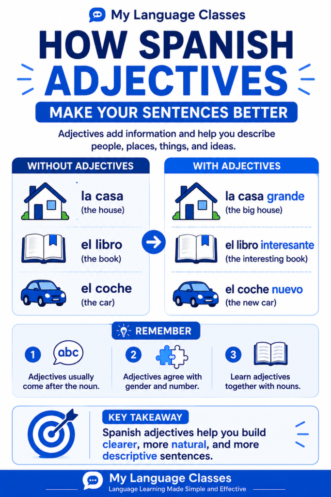 Educational infographic by My Language Classes explaining how Spanish adjectives improve beginner sentence building, demonstrating adjective agreement with nouns, common adjective placement, and how descriptive words help learners communicate more naturally.