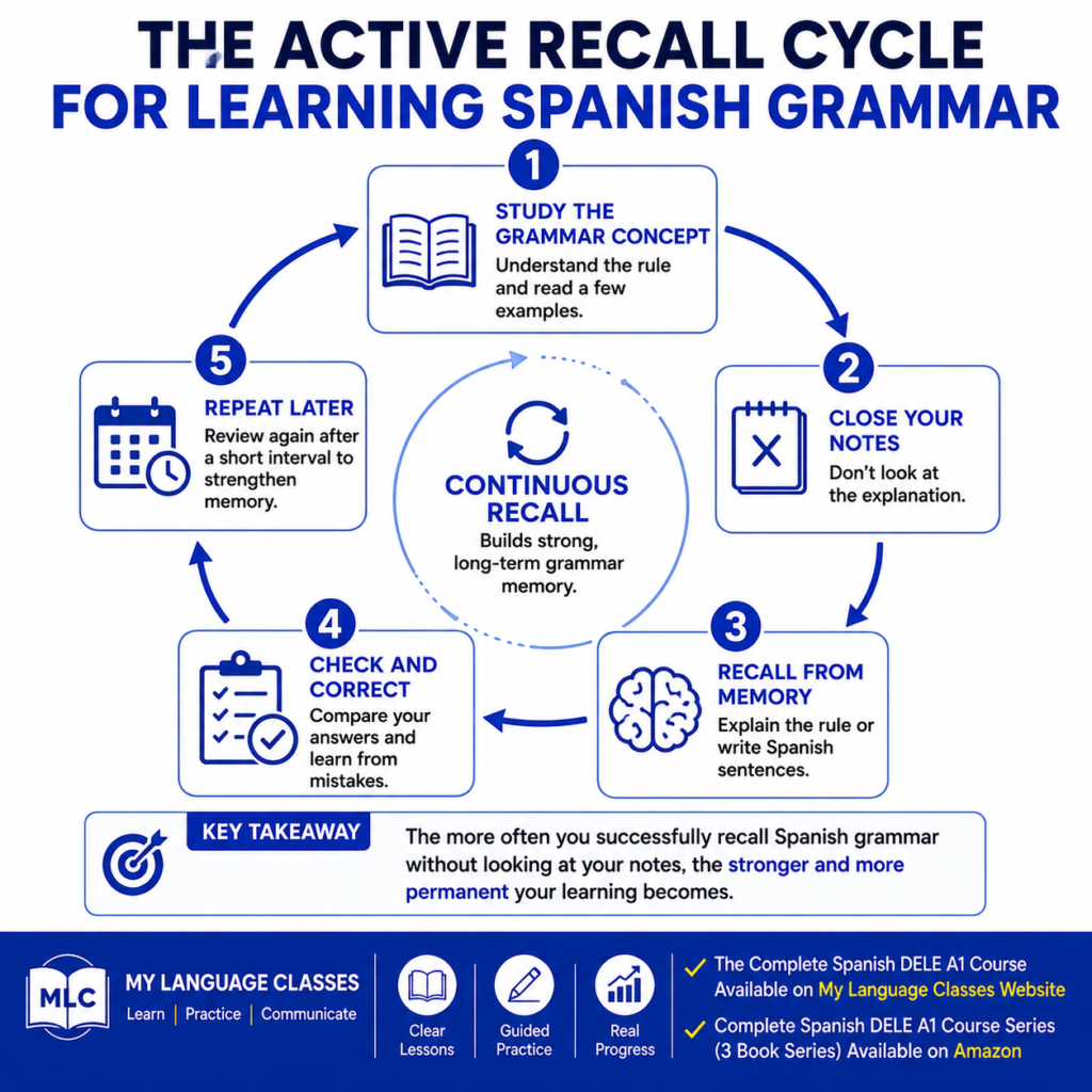 The Active Recall Cycle for Learning Spanish Grammar infographic by My Language Classes illustrating a text-based five-step process for mastering Spanish grammar. The infographic explains how studying grammar concepts, recalling from memory, checking answers, practicing with complete Spanish sentences, and reviewing regularly help learners build long-term retention. It complements the Complete Spanish DELE A1 Course and Complete Spanish DELE A1 Course Series (3 book series) for beginners who want to understand Spanish grammar instead of memorizing isolated rules.