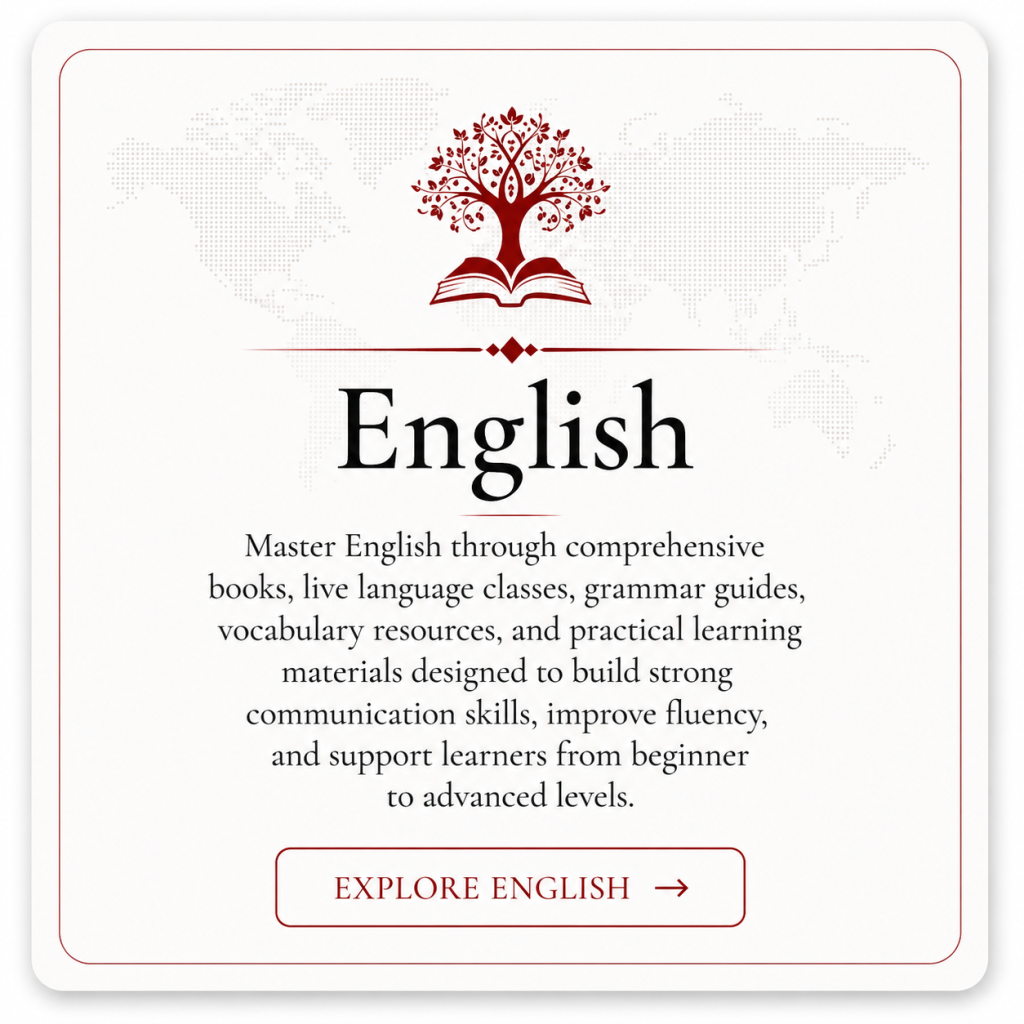 English learning card by My Language Classes featuring books, live language classes, grammar guides, vocabulary resources, and practical English learning materials.