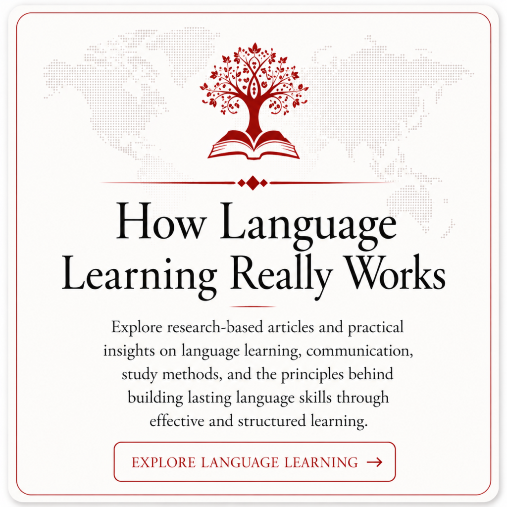How Language Learning Really Works card by My Language Classes featuring research-based articles on language learning, communication, and effective study methods.