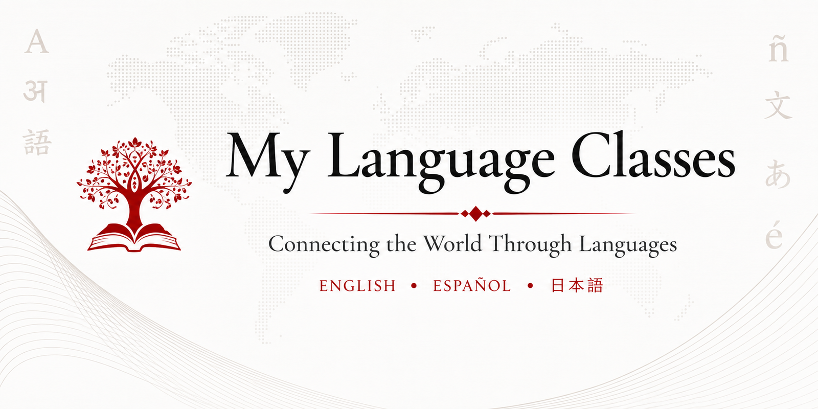 My Language Classes homepage banner featuring books, online courses, language classes, and learning resources for English, Spanish, Japanese, and English for Spanish speakers.