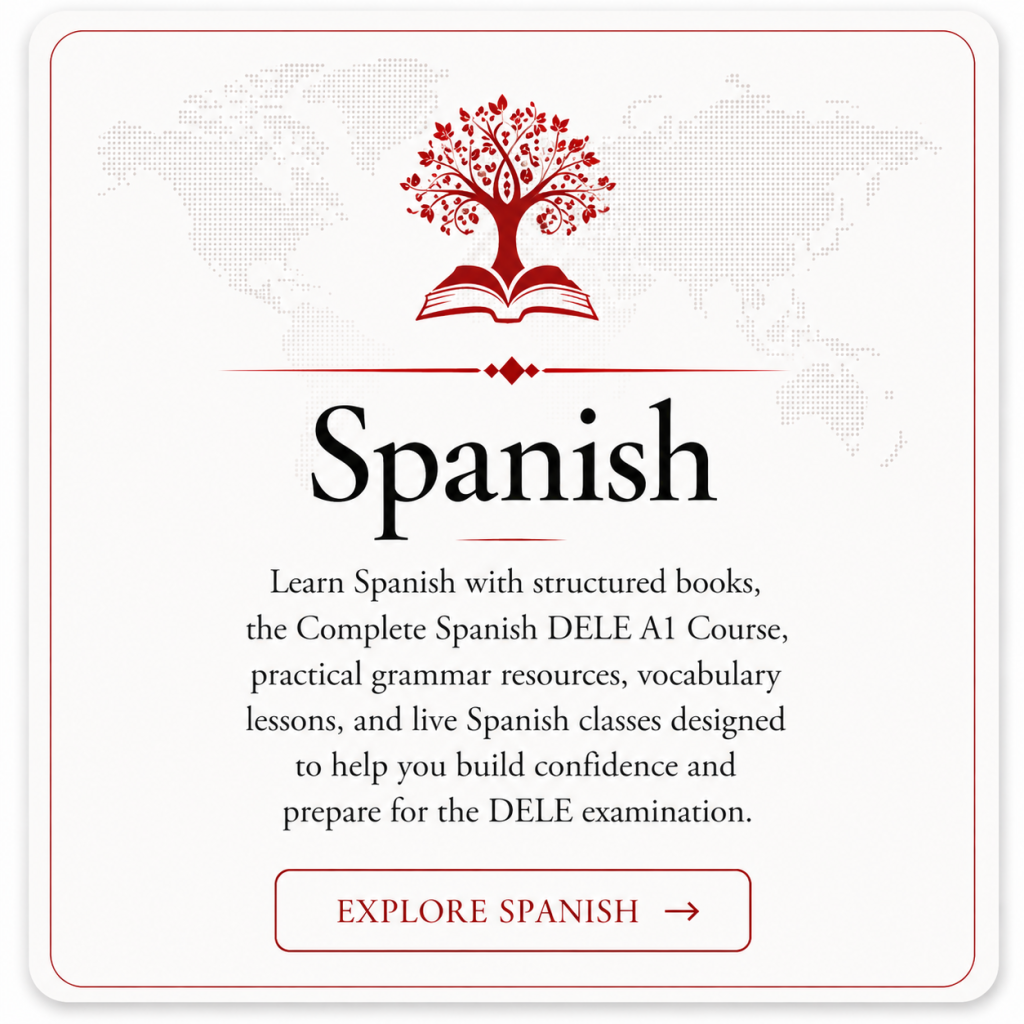 Spanish learning card by My Language Classes featuring the Complete Spanish DELE A1 Course, books, grammar resources, vocabulary lessons, and Spanish language classes.
